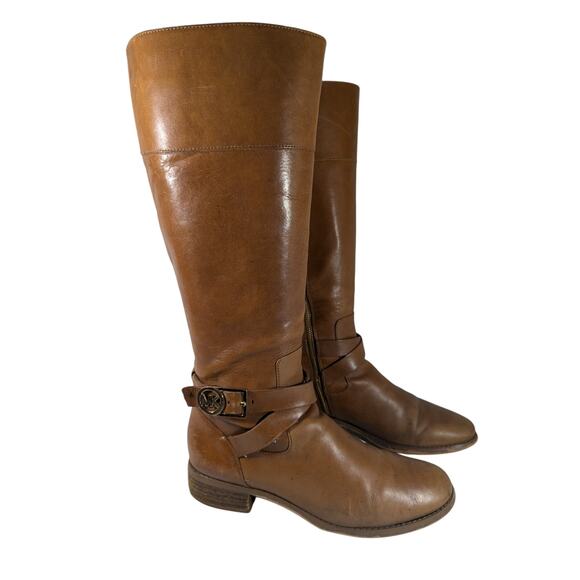 MICHAEL BY MICHAEL KORS! PECAN BROWN GENUINE LEATHER GOLD LOGO BOOTS!SZ 8M - Picture 2 of 12